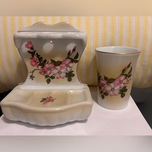 Floral Porcelain Limoges Soap Dish and Tumbler Set